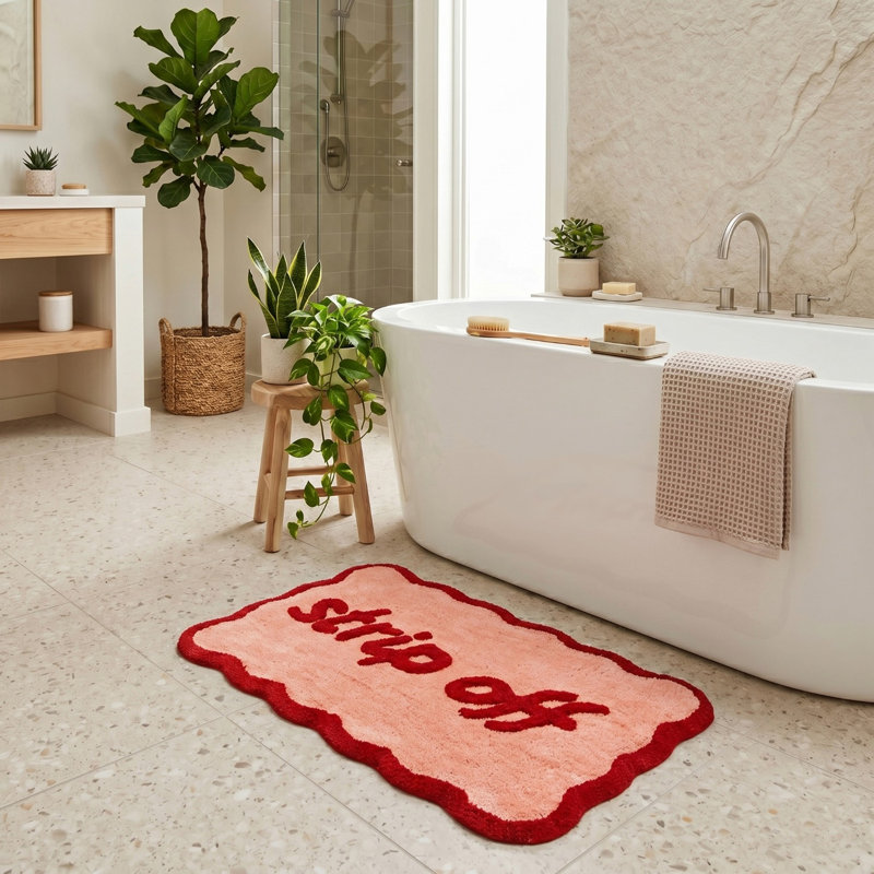 Strip Off Slogan Scalloped Bath Mat, Red
