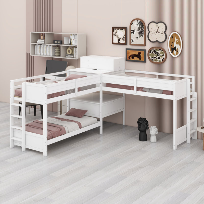Lit superposé en L avec bureau d'étude intégré, tiroirs de rangement et station de charge, Blanc