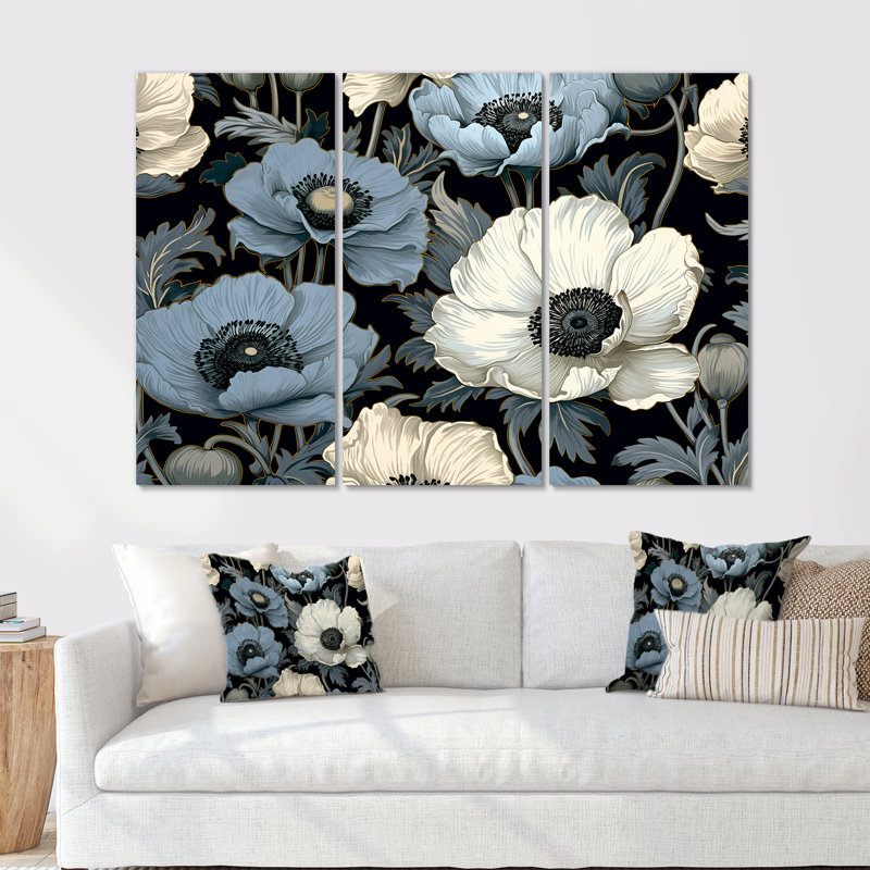 Ensemble de salon Euphoria bleu et gris coquelicots I - Fleurs, Toile tendue, H 40 po x l 60 po x P 1 po