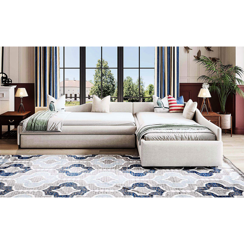 Beige Upholstered Daybed With Trundle, Drawer And Plywood Structure, Comfortable For Three Daybed, Drawer, Smooth Finish, Linen Blend
