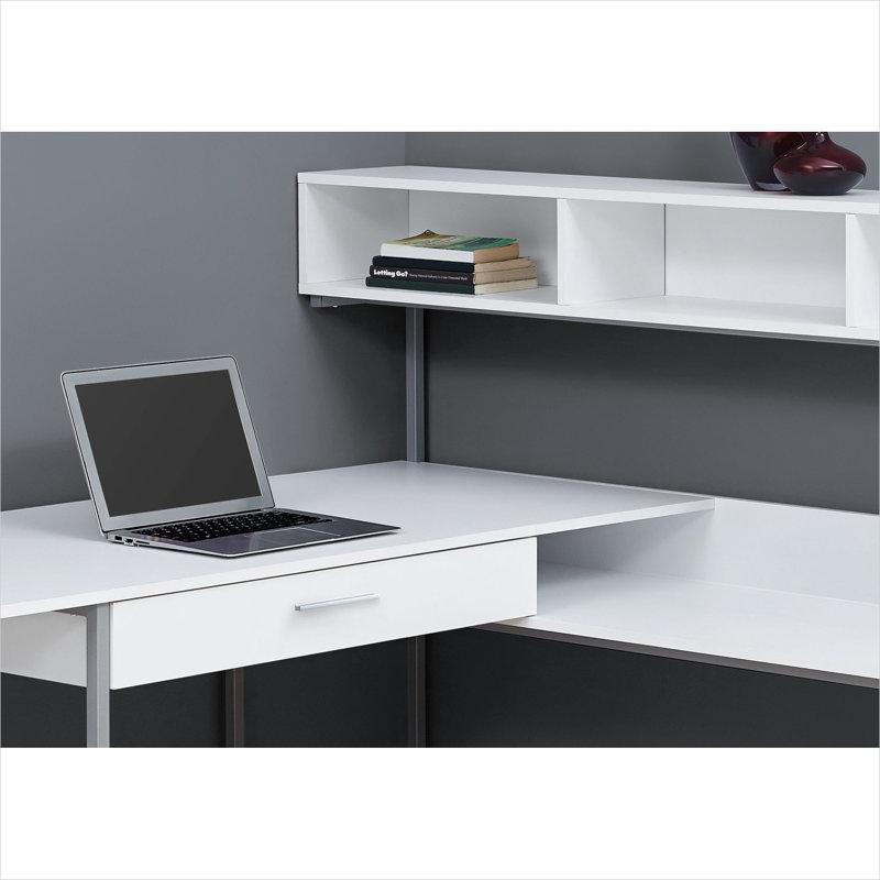 Bureau d'ordinateur en L blanc avec tiroir, tablettes et huche, de ton blanc, 59 x 59 x 47,25 po