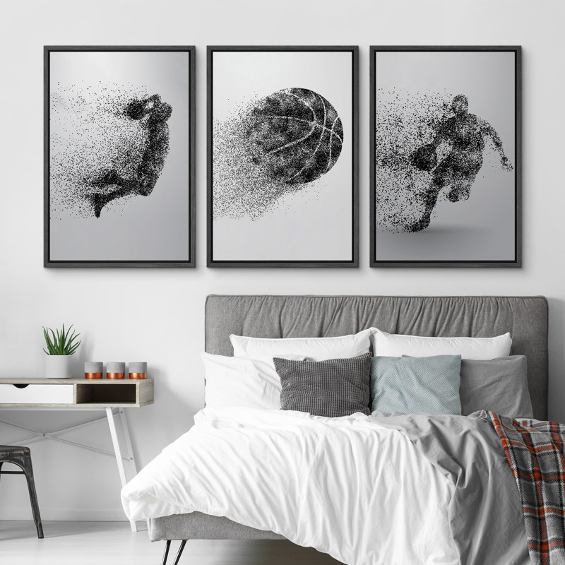 «Sport Play Basketball on Canvas», reproduction de 3 pièces, Cadre flottant noir, H 24 po x l 48 po