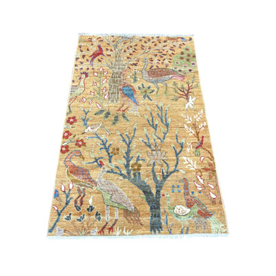 Tapis oriental doré 3 pi x 4 pi 10 po Peshawar afghan avec des oiseaux de paradis, tapis oriental, laine douce et veloutée, colorants végétaux