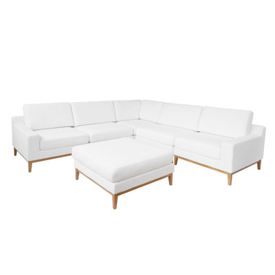 6 Piece V-Shape Upholstered Slipcovered Sectional Sofa With Ottoman