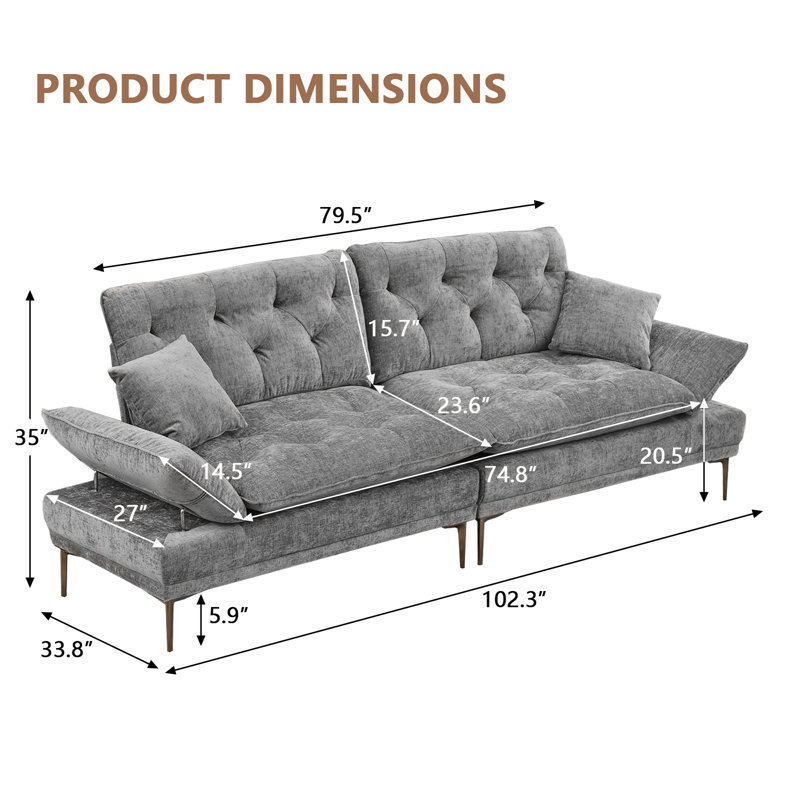 102" Wide Tufted Upholstered Loveseat With Adjustable Armrests, Grey