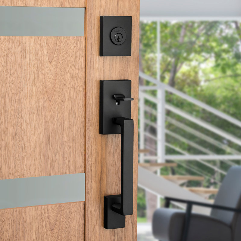 La Jolla Handleset with Single Cylinder Deadbolt and Contemporary Door Lever and Round Rosette, Keyed Alike