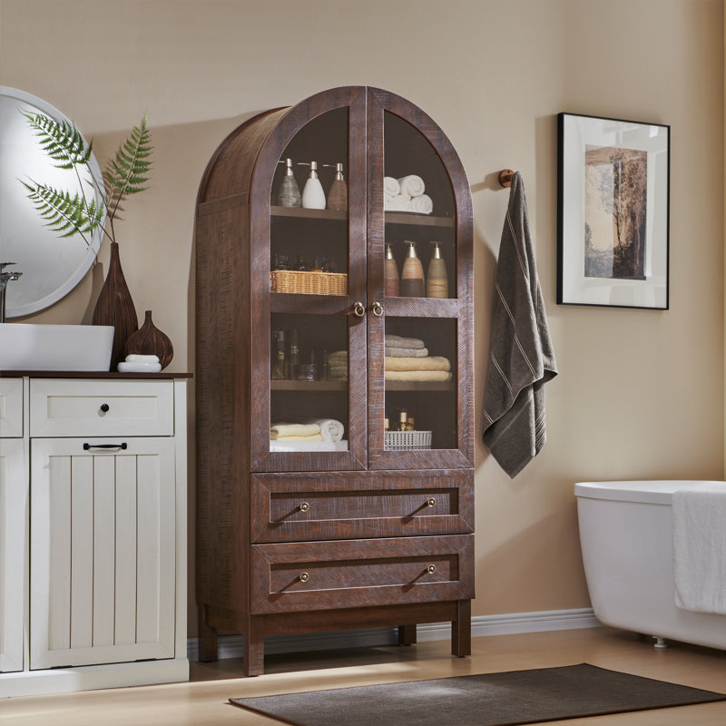 Armoire de rangement de 71 po de hauteur pour salle de bain arquée moderne, armoires de rangement en bois de ferme avec 2 grands tiroirs et tablettes réglables