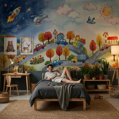 Starry Night Wallpaper Rocket Helicopter Wall Mural