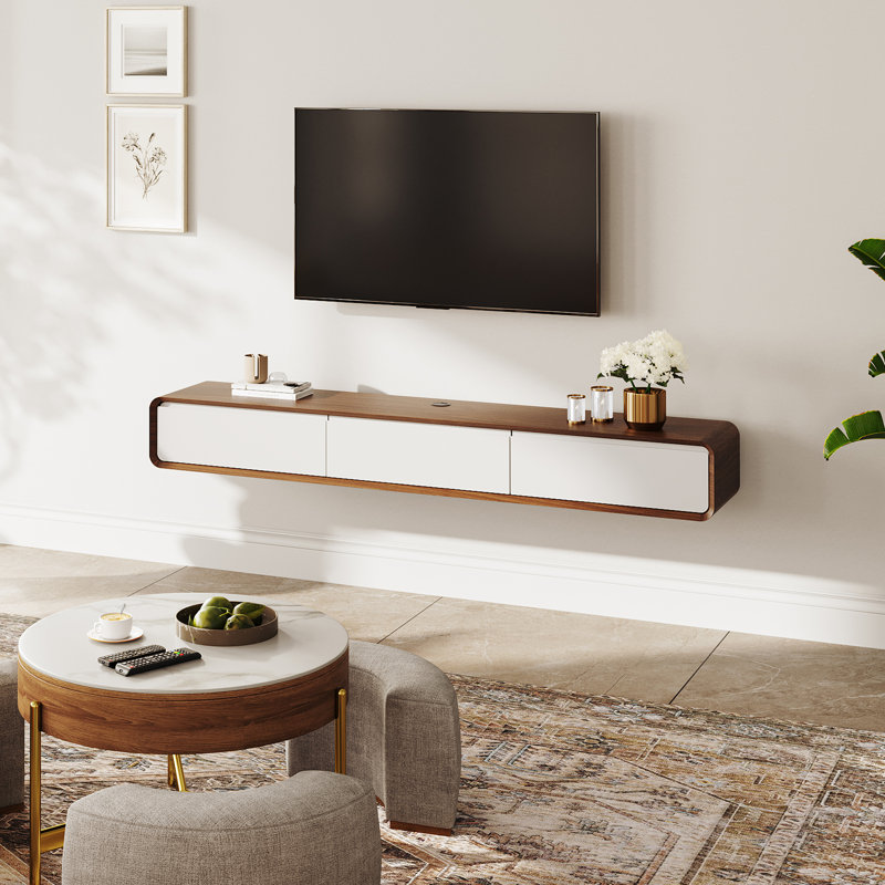 Meuble télé suspendu, centre multimédia avec 3 tiroirs, bois massif, entièrement assemblé, Brun foncé / blanc, 78.74''