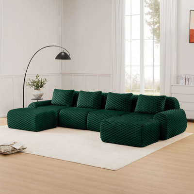 Canapé modulaire modulaire en forme de U de 146 po pour salon, tissu en flanelle de 4 po avec siège profond, conception sans os, repose-pieds mobile, connexion par boucle, antidérapant, sans assemblage requis, vert