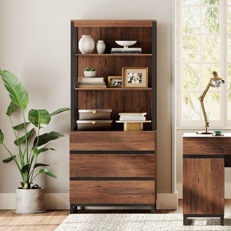 Aadam  Modern 72" Tall Bookcase With 3 Drawers And Open Book Shelfs, Library Book Shelf With Storage Cabinet, Wood Freestanding Bookshelf For Home Office, Living Room, 