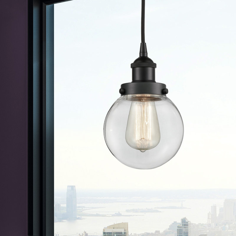 Luminaire suspendu simple à 1 lumière Frederick, H 9,5 po x l 6 po x P 6 po, Transparent, Noir mat