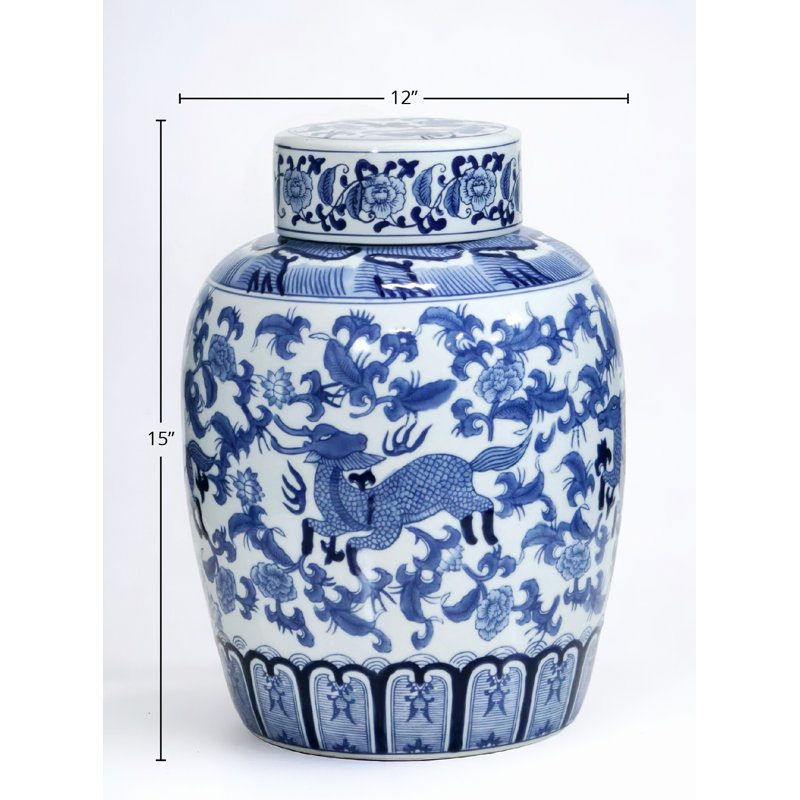 15" Porcelain Ginger Jar with Chinoiserie Deer Design, Blue