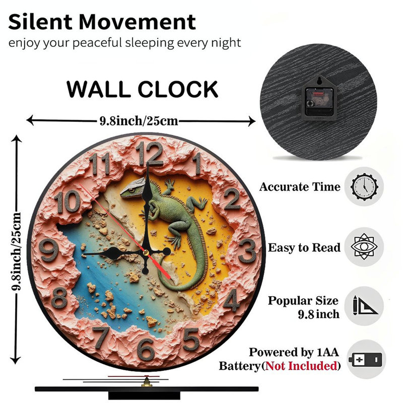 Unique Lizard Wall Clock Resin Art Decor