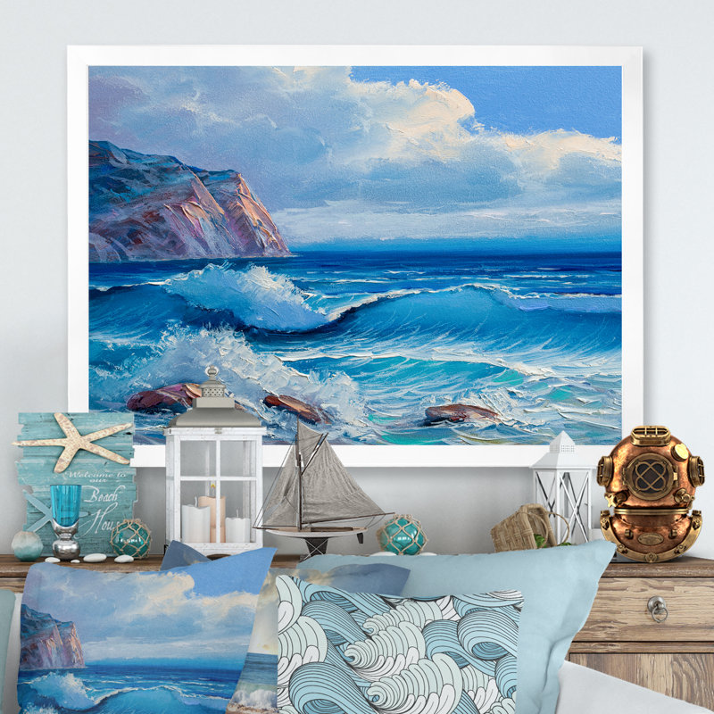 «Blue Ocean Waves Scenery IV», peinture sur toile, H 16 po x l 32 po x P 1 po, Cadre photo blanc