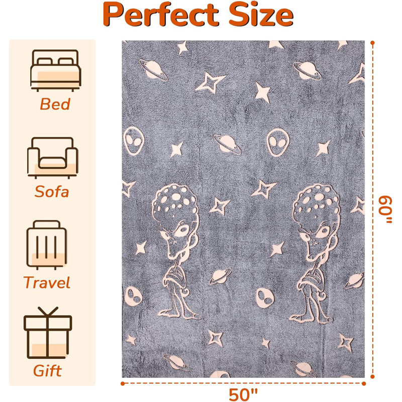 Soft Glow-in-the-Dark Alien Constellation Throw Blanket - Lightweight & Machine Washable, Grey