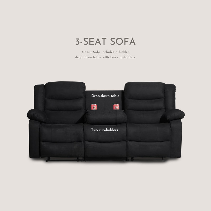 Frithiof 81" Microfiber Manual Recliner Chair Sofa with Drop Table & Cup Holders, Black