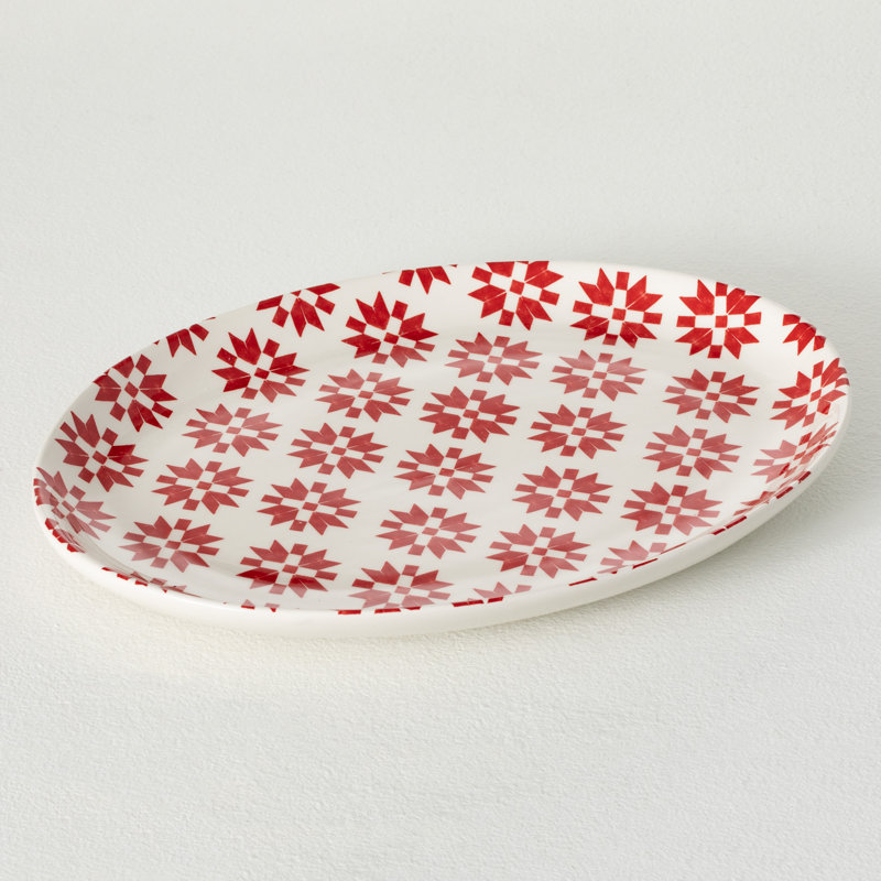 15.25"L Quilt Pattern Ceramic Platter; Red