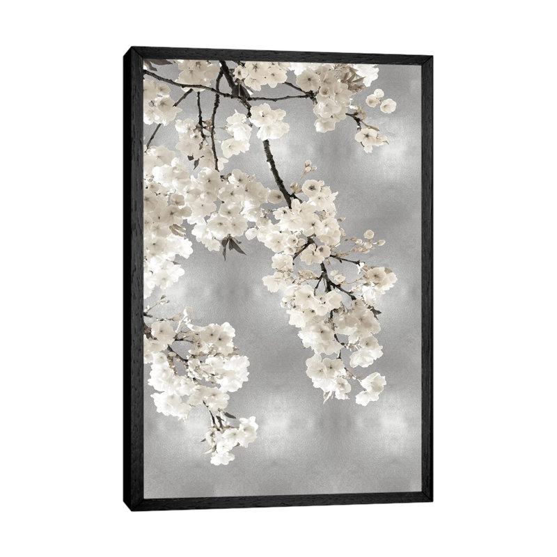 White Blossoms On Silver I by Kate Bennett - Print on Canvas, 152.5 cm H x 101.5 cm W, Black Framed Canvas