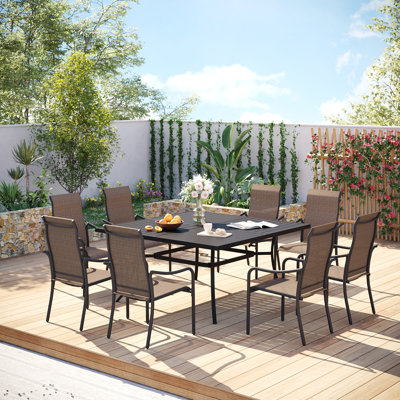 8-Perosn Patio Dining Set with 60" Sqaure Metal Dining Table and 8 PVC-coated polyester Armrest Chairs