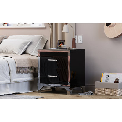 2 Drawers High Gloss Nightstand, Luxury Modern Bedside Table With Metal Legs And Ample Storage Silent Slides
