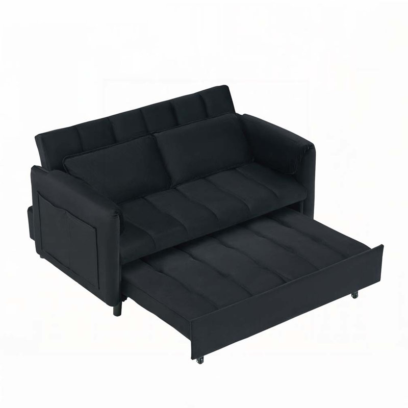 Canapé-lit à deux places en velours 55 po, dossier réglable avec ports USB, deux poches latérales, Noir