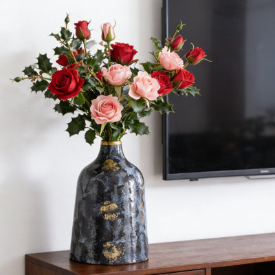10.2" Luxury Blue & Gold Marbled Glass Vase, Modern Curved Decorative Flower Vase for Home Decor