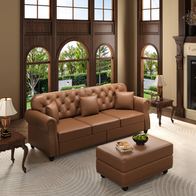82.6" Mid-Century Modern Chesterfield Tufted Sofa Upholstered Faux Leather 3-Seater Couch With Ottoman And 3 Pillows
