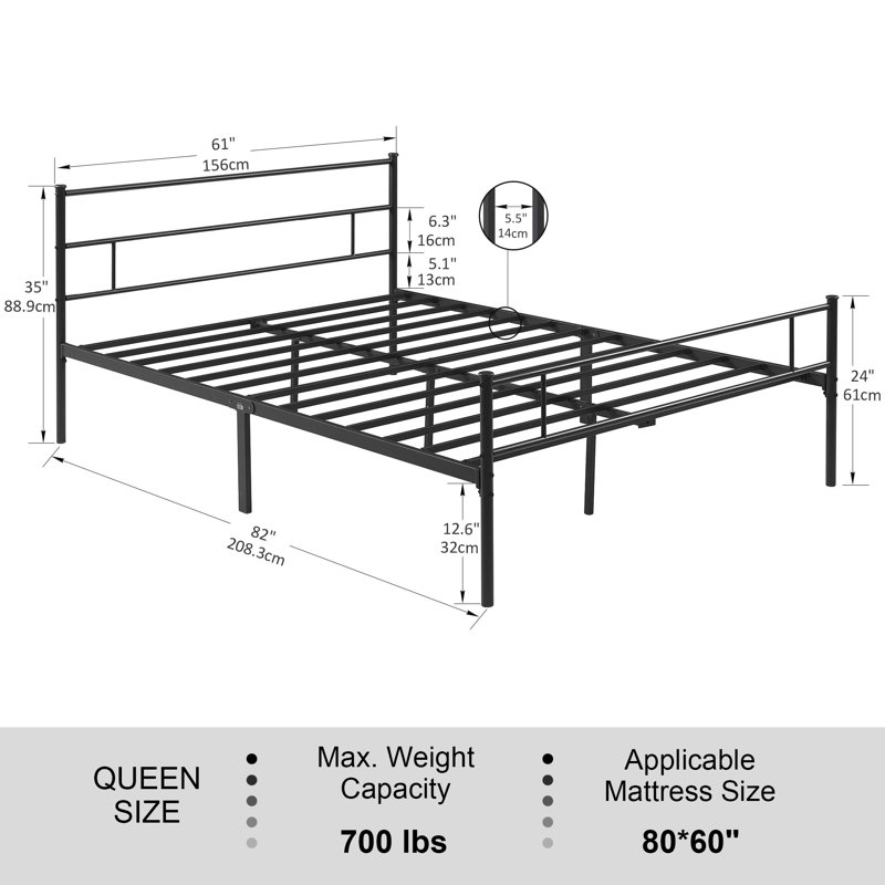 Base de lit grand, cadre de lit en métal robuste avec tête et pied de lit, espace de rangement avec lit plateforme, Grand