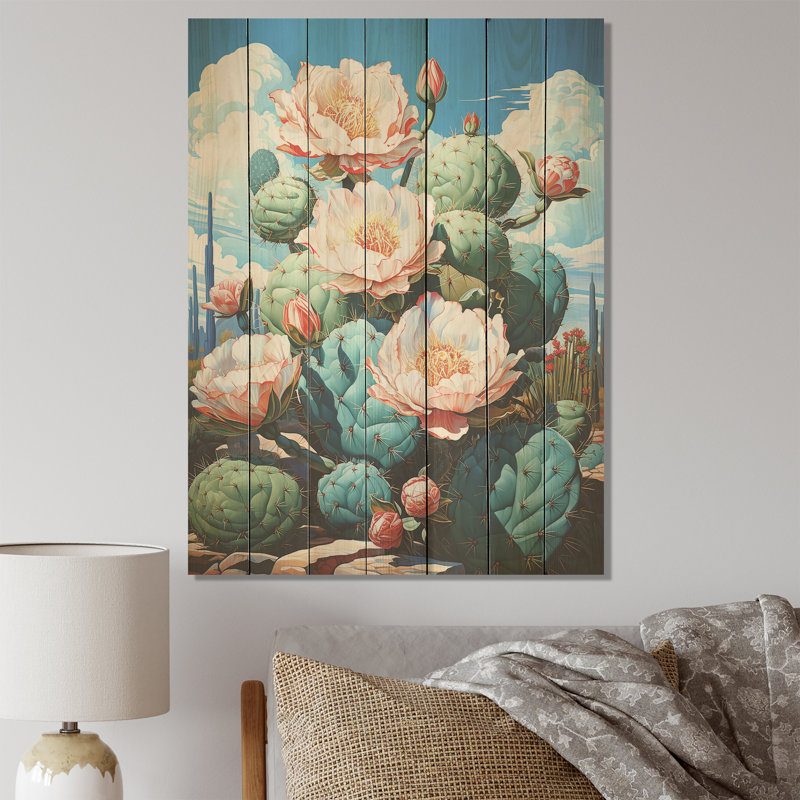 Cactus rose en fleurs au Nevada - Cactus floral sur bois, H 32 po x l 24 po
