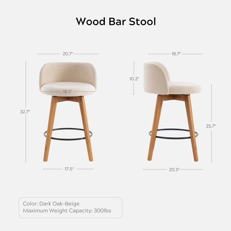 26" Counter Height Bar Stools With Chenille Fabric, 4, Dark Oak
