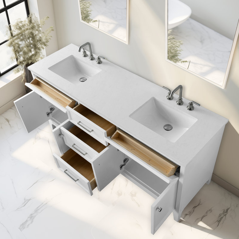 Meuble-lavabo double 72 po Tiosha en blanc avec plateau en pierre reconstituée