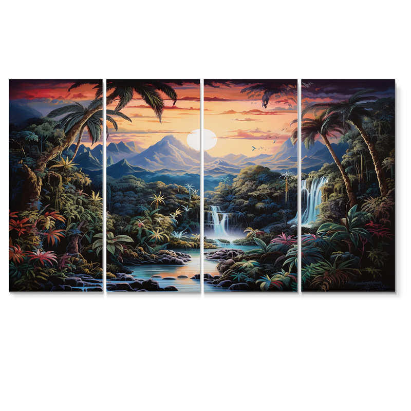 «Tropical Waterfall Paradise Sunset Over Mountains - River», ensemble d'art mural 4 pièces, H 28 po x l 48 po