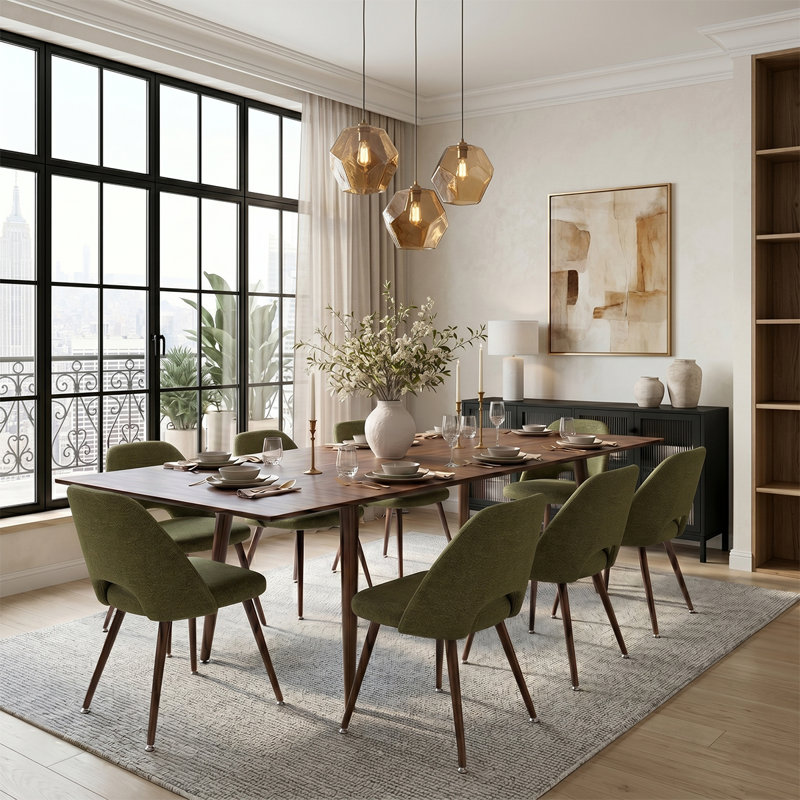 9-Piece Extendable Dining Table Set With Upholstered Side Chairs, Green