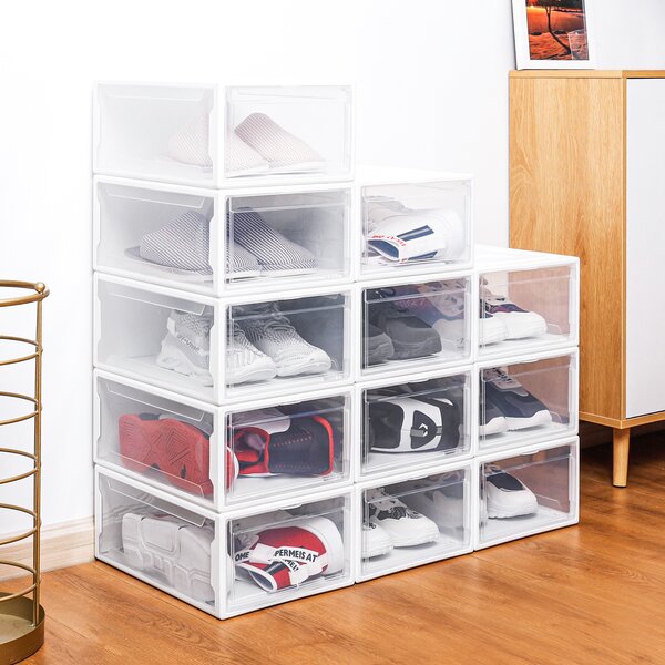 24 Pack Shoe Storage Box, Plastic Foldable Shoe Box, Stackable Clear Shoe Organizer The Twillery Co. Finish: White