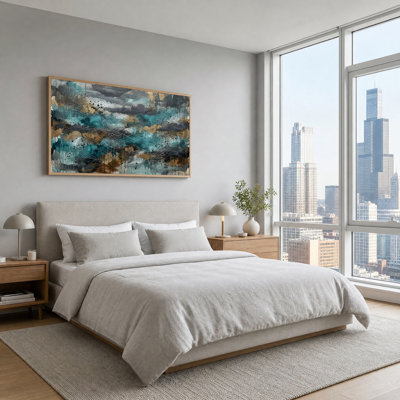 Abstract Teal And Gold Drips With White Lines Canvas Wall Art