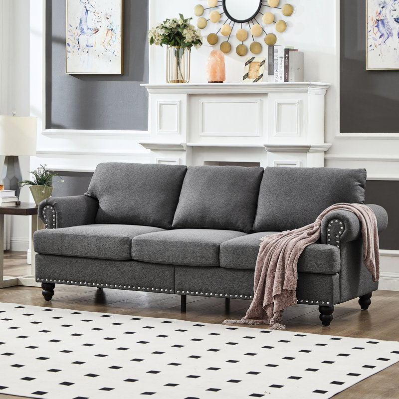 83 po, classique, trois places, pieds en bois massif, sièges à ressorts ensachés, coussins amovibles beiges style américain de 83 po avec sièges et espace de rangement sous le siège