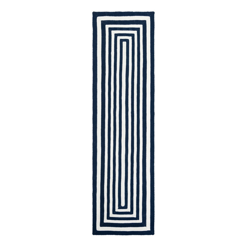 Kozan Geometric Handmade Flatweave Recycled P.E.T. Indoor / Outdoor Area Rug in Navy/White, Runner 2'7" x 10'