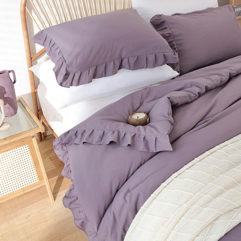 Ensemble d'édredon 3 pièces Ruffle, Édredon très grand + 2 taies d'oreiller standard, Mauve gris