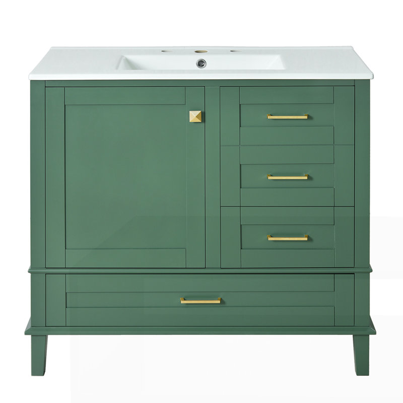 Meuble-lavabo 36 po avec cadre en pin massif, Vert, Doré