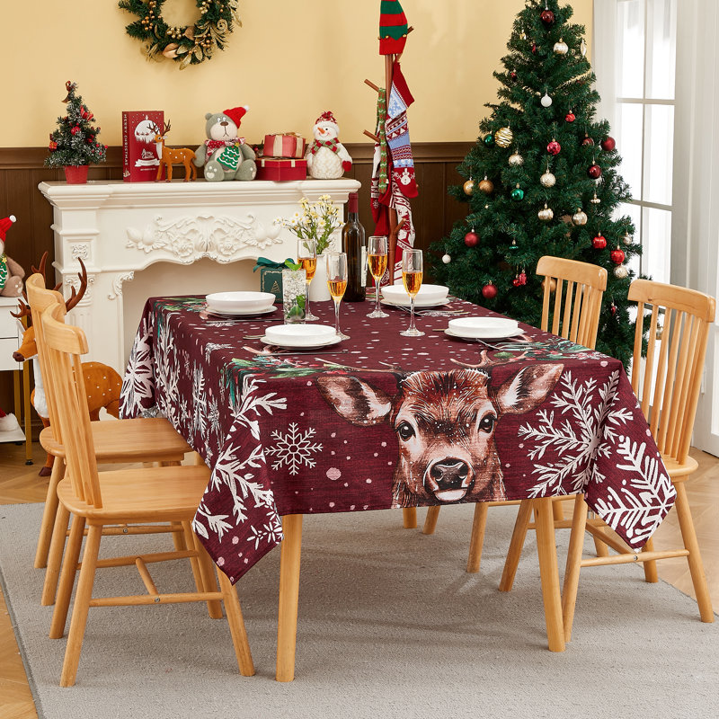 Nappe de Noël avec rennes et flocons de neige, 100 % polyester flammé, pour les fêtes., 60*120inch, Red