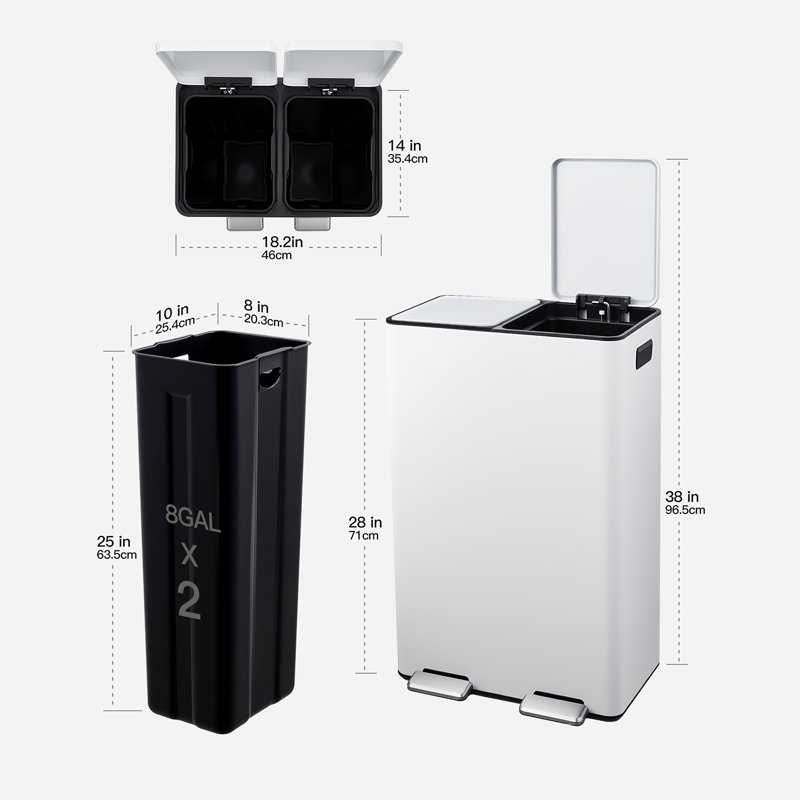 Poubelle à double compartiment de 16 gallons, poubelle de recyclage en acier inoxydable avec couvercles à fermeture en douceur et 2 seaux intérieurs amovibles pour la cuisine et le bureau