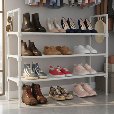 3-Tier Long Shoe Rack with 5 Hooks, Stackable Storage Organizer for Entryway & Small Spaces