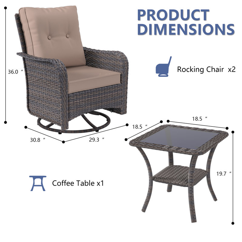 Outdoor Swivel Rocking Chair Set With Table, 2-Piece Patio Lounge Seating Group, All-Weather 360-Degree Rotating Rockers With Removable Cushions