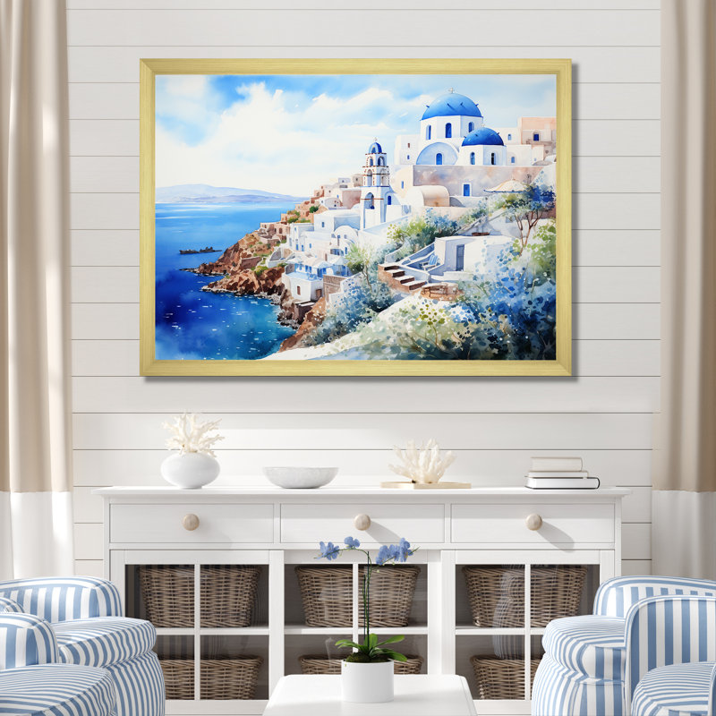 Art mural bleu et blanc Santorini II - Grèce, H 12 po x l 20 po x P 1 po, Cadre doré à coins fermés