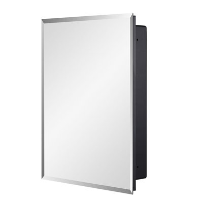 Black Plastic Bathroom Medicine Mirror Cabinet Beveled Edge, 16 x 20 inch, Surface and Recessed Mount