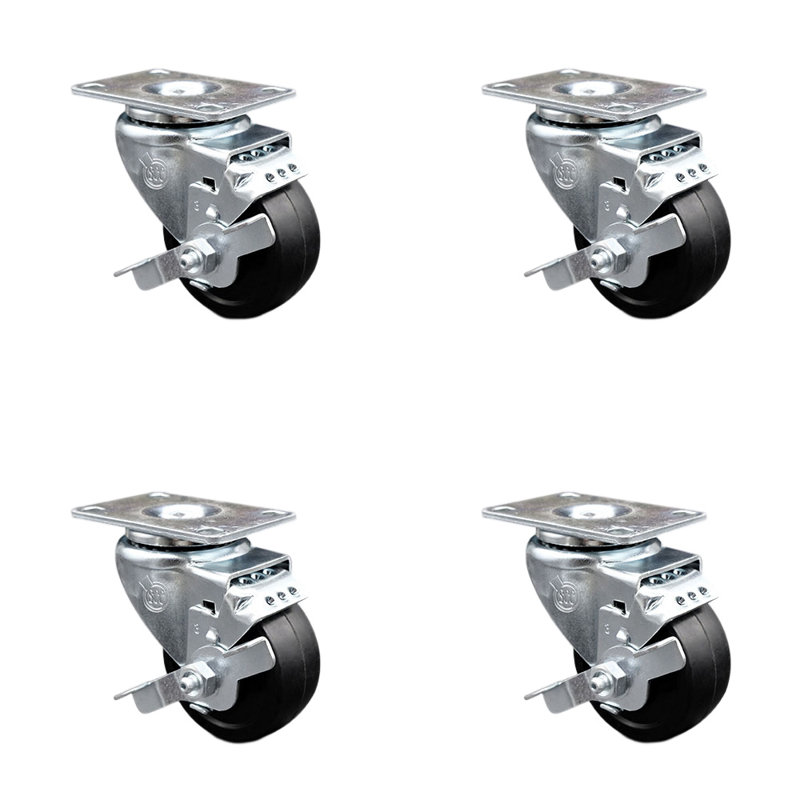 3.5 Inch Soft Rubber Wheel Swivel Top Plate Caster Set with Brake Service Caster|SCC-20S3514-SRS-TLB-TP2-4