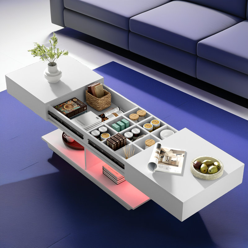 Table basse à DEL de 41,3 po à 76,7 po avec rangement intelligent et éclairage Bluetooth, Blanc
