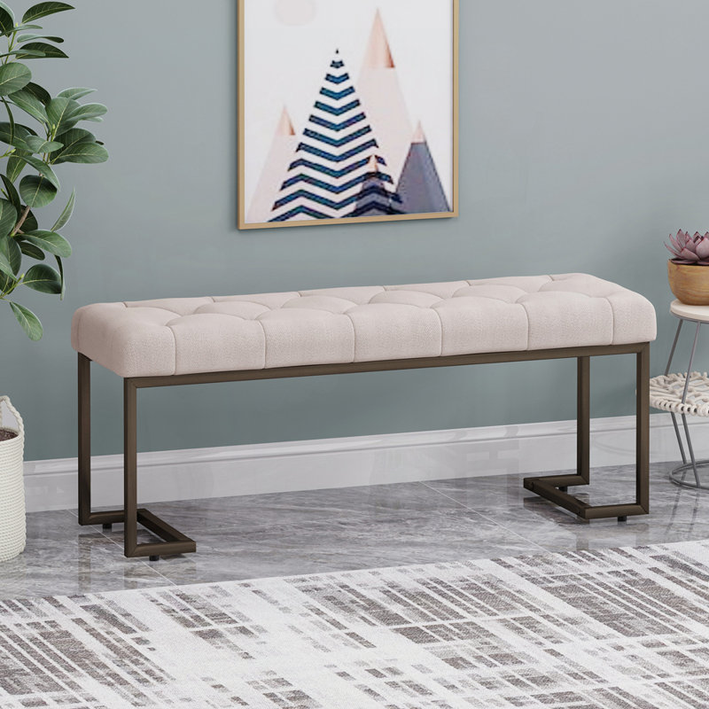 Banc rembourré avec siège rembourré et pieds en bois massif pour la chambre à coucher, le vestibule et le couloir, Beige