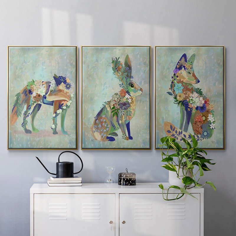 Fantastic Florals Fox, assis sur toile, 3 pièces, H 36 po x l 72 po x P 2 po, Encadrement doré